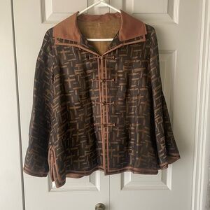 Earthen Silk |  100% Silk Bamboo Print Jacket. Rope Knot Buttons. Size Large.